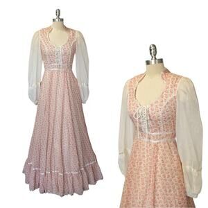 Gunne Sax Floral Corset Maxi Dress Size 9 Pink White Calico Prairie 70s Vintage